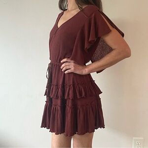 Free People Harper Mini Dress, Linen Blend, Maroon, Size Small